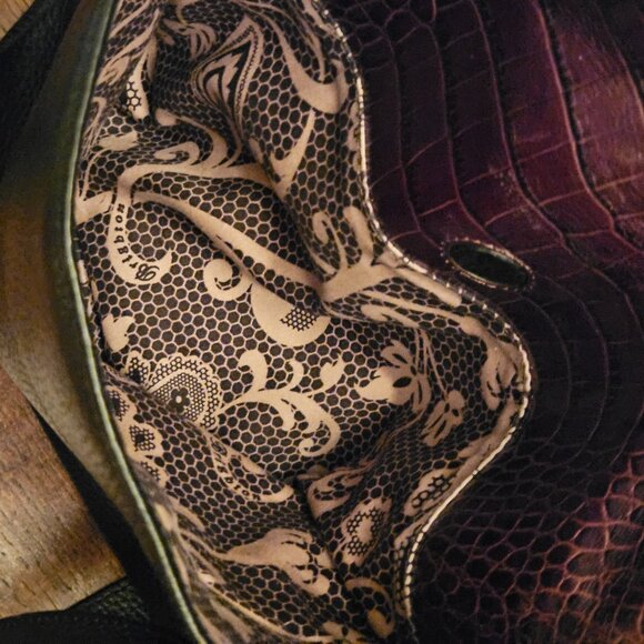 Brighton Black Pebbled Leather 6 pocket Messenger Bag. 12" x 12". Fuax Croc Trim - Picture 5 of 9